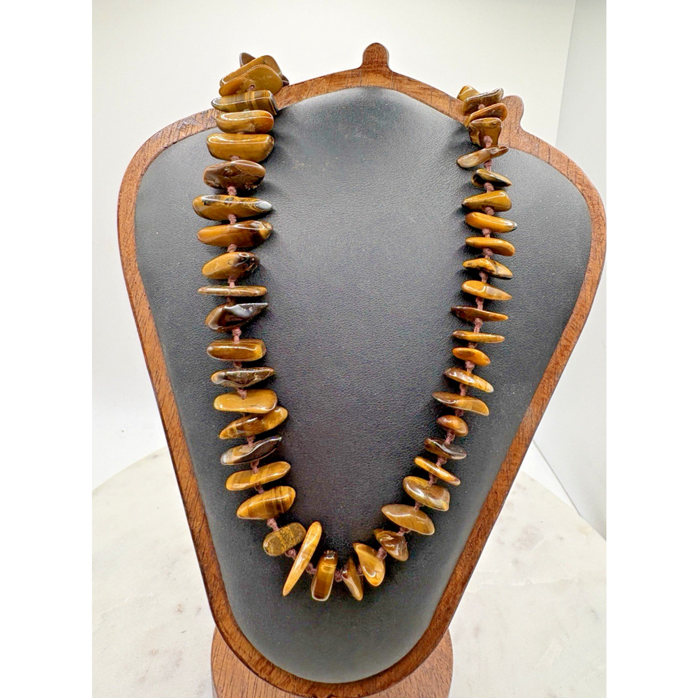Vintage Sterling Silver 34" Tiger's-eye Beaded Necklace Brown Graduated Beads